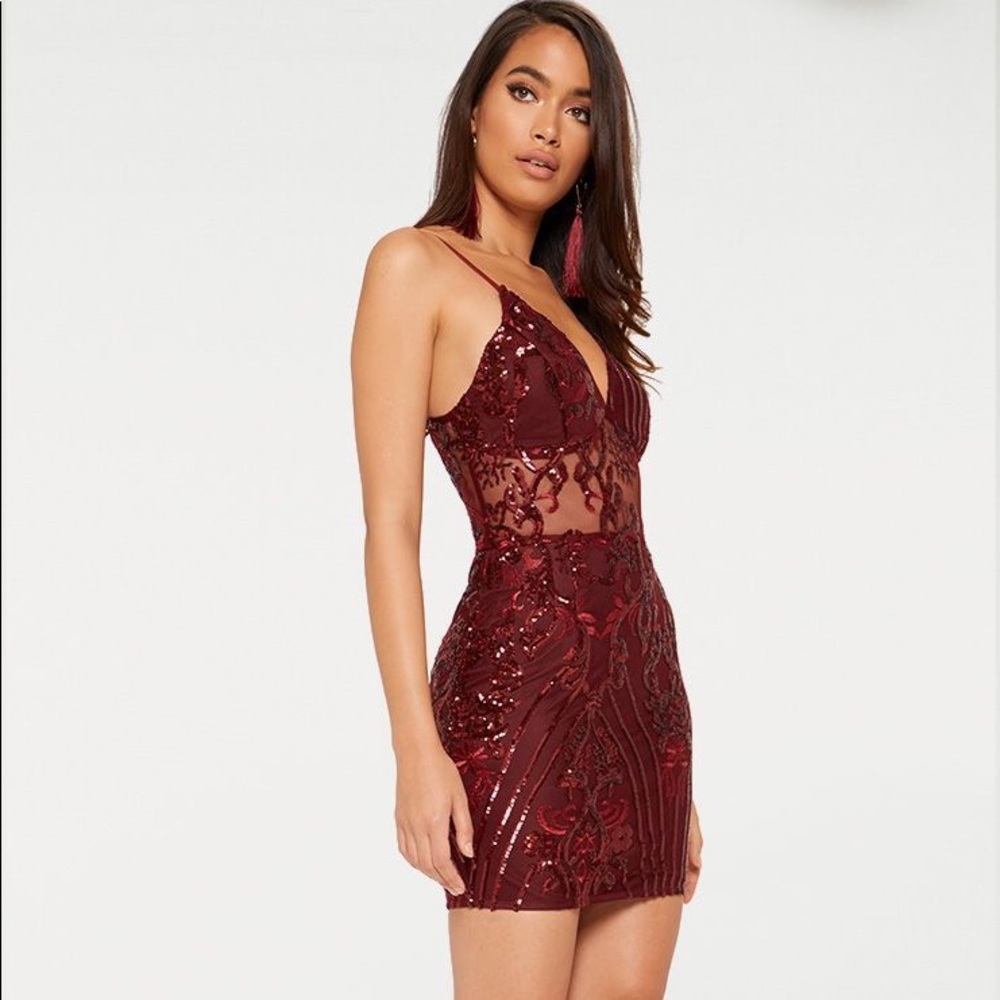 Burgundy Strappy Sheer Panel Sequin Bodycon Dress